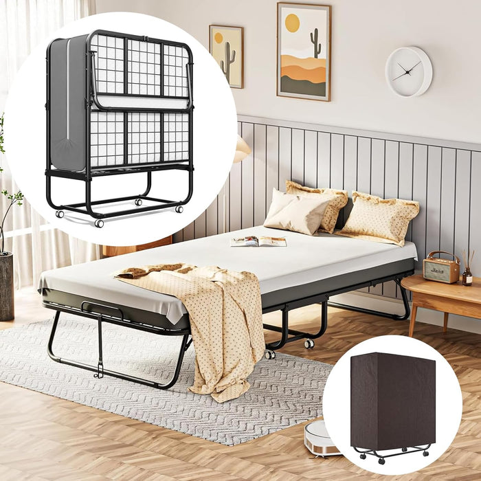 FURRIFIC Cama Plegable con Colchón, Colchón de Espuma Viscoelástica y Marco de Cama de Metal Resistente, con Ruedas y Bolsa de Almacenamiento, Es Fácil de Plegar, Mover y Guardar(Individual)