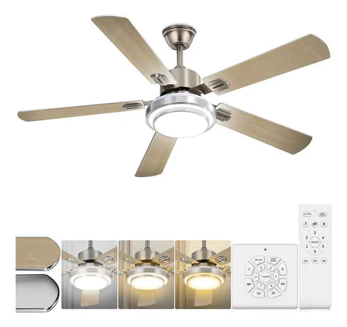 Ventilador De Techo Led 6 Velocidade Control Remoto 5 Aspas, Acero Inoxidable, 3 Opciones De Luz, 6500k, 4500k, 3500k, Sincronización 1h, 2h, 4h, Adelante Y Atrás, Sala De Estar, Dormitorio, Oficina.