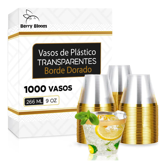 Berry Bloom 1000 Vasos Desechables Con Borde Dorado Elegantes De Plástico 9 Oz Para Fiesta Bodas, Postre, Cócteles, Vino GRADO B