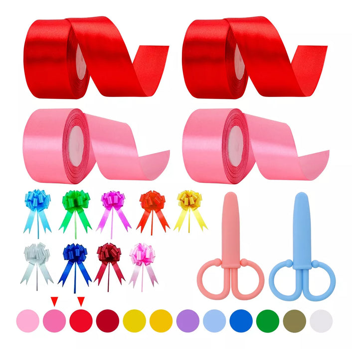 4 Rollos Listn Satinado Popotillo 38cm92m Con Tijeras Color 2 ROJO 2 ROSAS
