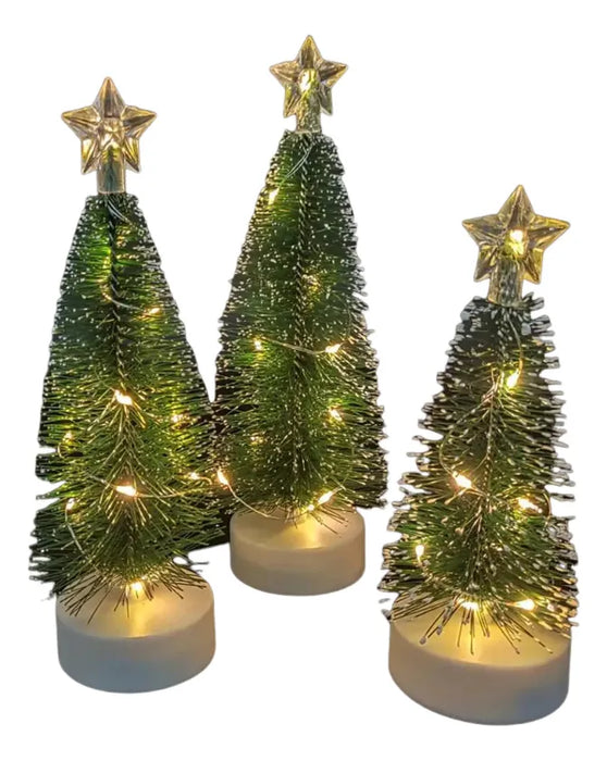 3 Mini Arbolito De Navidad De Mesa Escritorio Con Luces Led Verde