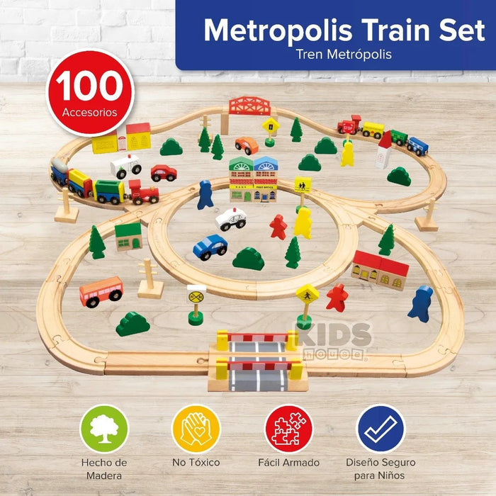 Kids house juego tren de madera, juguete para niños, color madera, kids house 100 piezas con uniones magneticas GRADO B