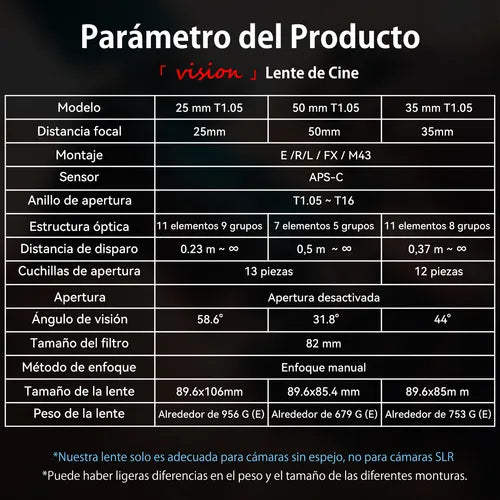 Lente De Cine De Gran Apertura T1.05 De 35 Mm De 7artisans