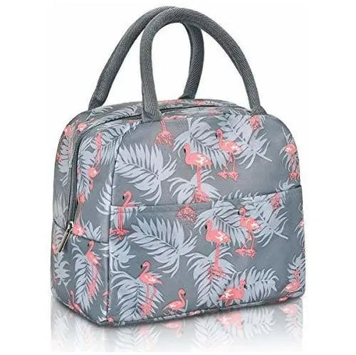 Lonchera termica con bolsillo frontal gris diseño de flamingos grado b