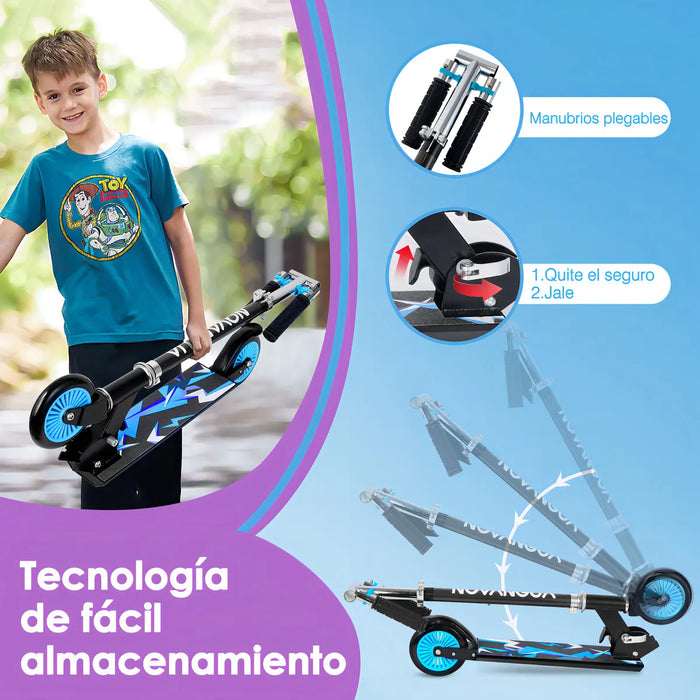 NOVANGUA S-54 SCOOTER PARA NIÑOS 2 LLANTAS PLEGABLES LIGERO Y CON MANUBRIO DE ALTURA ADJUSTABLE 4 NIVELES AJUSTABLES,50 KG PARA NIÑOS DE 3 A 10 NIÑOS FRENO TRESERO LLANTAS DE 120 MM EN PVC GRADO B