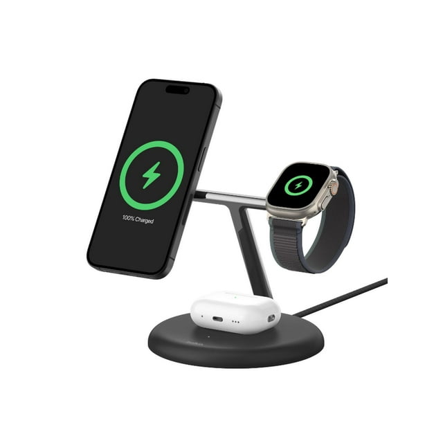 BELKIN - SOPORTE DE CARGA INALÁMBRICO 3 EN 1 CON QI2 DE 15 W,CERTIFICADO QI2, CARGADOR PARA IPHONE 12 EN ADELANTE, AIRPODS Y APPLE WATCH GRADO B