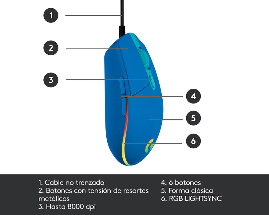 MOUSE GAMER DE JUEGO ALAMBRICO LOGITECH G SERIES LIGHTSYNC G203 AZUL GRADO  B