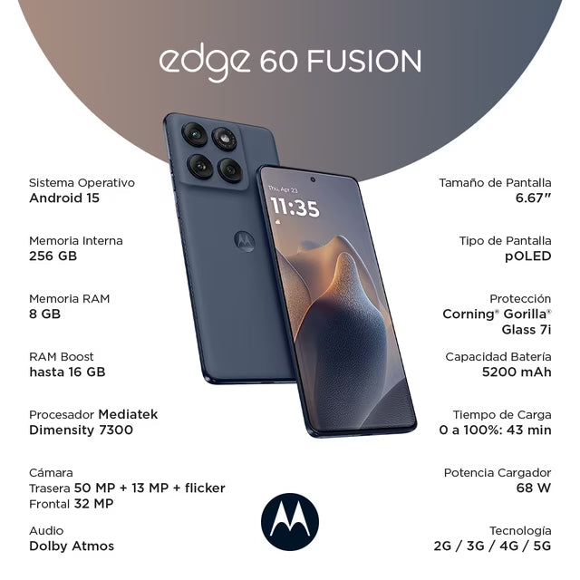MOTOROLA EDGE 60 FUSION, (8GB RAM/256GB), 50MP, CELULAR DESBLOQUEADO AZUL GRADO  A