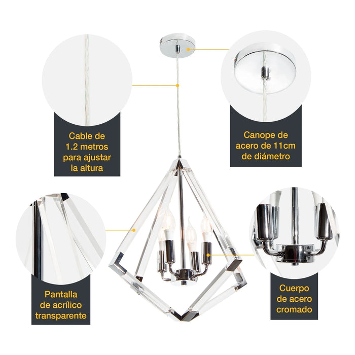 Lámpara Colgante Rústica Moderna de Plata Cromo (4 Luces E12) GRADO B