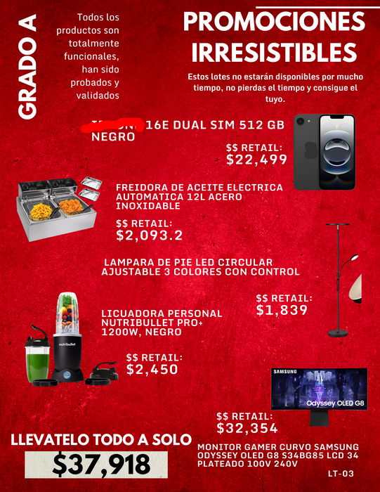 LOTE DE 5 ARTÍCULOS DE REMATE GRADO A FREIDORA ELECTRICA, LICUADORA PERSONAL, LAMPARA, MONITOR GAMER, TELEFONO MNZAN 16e