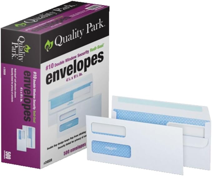 Quality Park #10 Double-Window Self-Seal Security Envelopes, For Business Statements, Invoices, 4-1/8" x 9-1/2", White, 24-lb, 500 Per Box (QUA24559) GRADO B