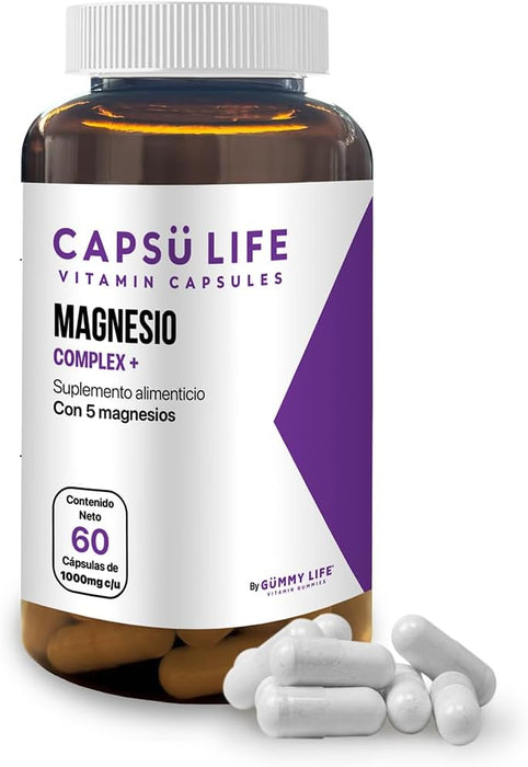 Capsu Life by Gummy Life - Magnesio Complex + - CON 5 MAGNESIOS: L-Treonato, Citrato, Glicinato, Gluconato y Óxido de Magensio - 1000mg Por Capsula - 398mg de Magnesio Elemental por porción