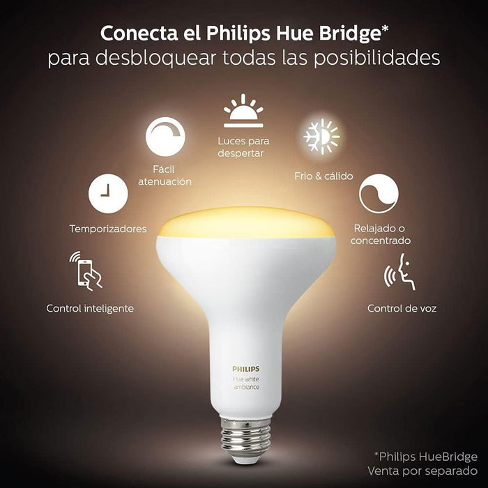 SET DE FOCOS INTELIGENTES PHILIPS HUE BR30 LUZ BLANCA CALIDA AJUSTABLE IDEALES PARA CREAR ATMOSFERAS PERSONALIZADAS EN CUALQUIER HABITACION
