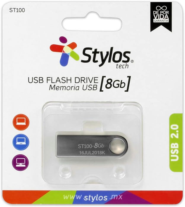 PENDRIVE USB 8GB 2.0 STYLOS TECH ST100 PLATEADO METÁLICO LISO GRADO B