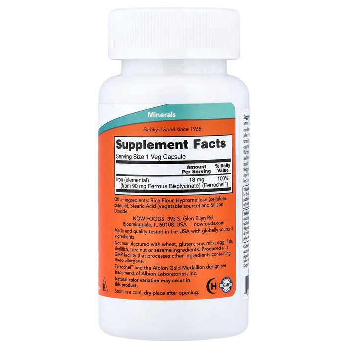 SUPLEMENTO NOW FOODS IRON 18MG 120 CAP GRADO B