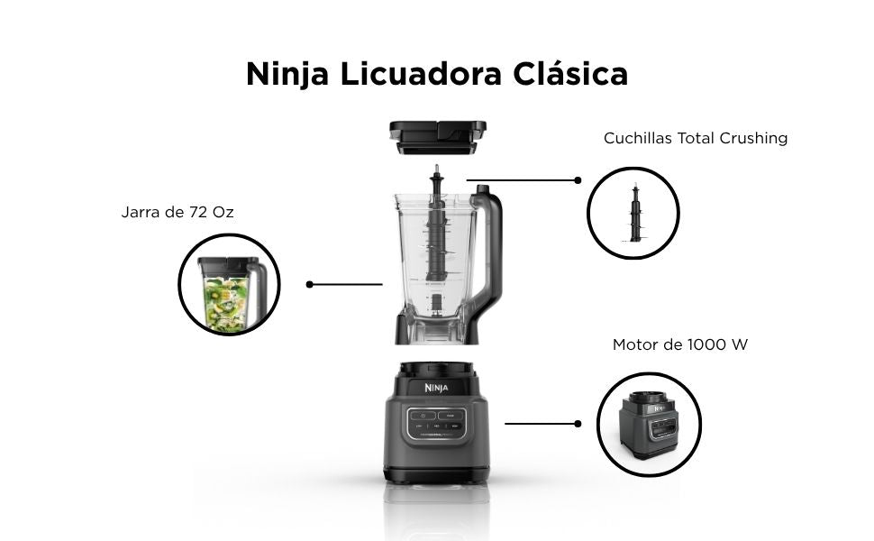 NINJA Licuadora Clásica, 1000 Vatios, Velocidades Baja, Media y Alta, Jarra de 72 oz, Gris Oscuro, GRADO A - TiendaKomet México
