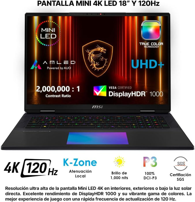 LAPTOP MSI TITAN 18 HX AI A2XWJG ULTRA 9 64GB 4TB RTX5090 NEGRO GRADO A