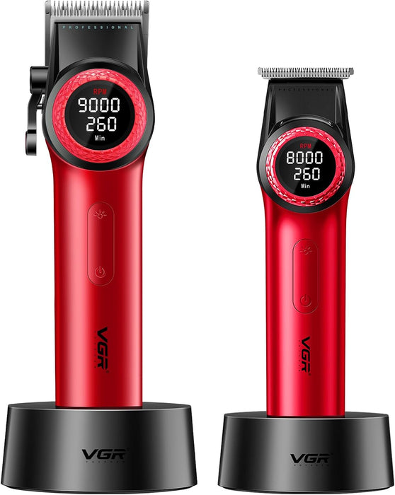 VGR 001 & 977 PROFESSIONAL HAIR CLIPPERS FOR MEN, CORDLESS BARBER CLIPPERS AND ZERO GAP TRIMMERS SET, DLC COATING BLADE HAIR CUTTING KIT WITH LED DISPLAY, USB RECHARGEABLE BARBER SET(RED) GRADO A