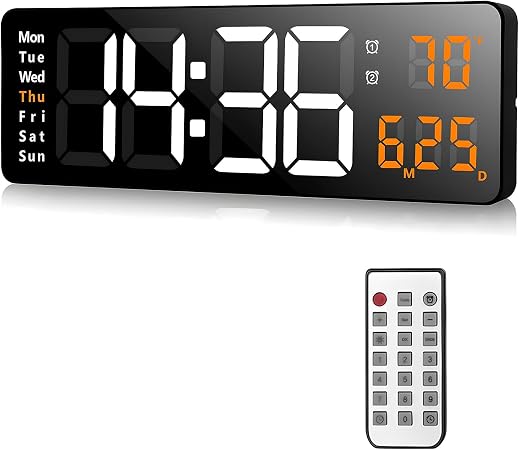 RELOJ DE PARED LED CON CONTROL REMOTO DE 16 Y FECHA ESTRUCTURA TEMPERATURA NARANJA FONDO NEGRO UNIVERSAL GRADO A