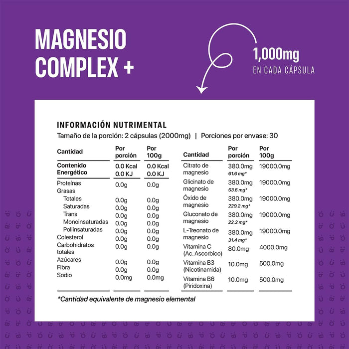 Capsu Life by Gummy Life - Magnesio Complex + - CON 5 MAGNESIOS: L-Treonato, Citrato, Glicinato, Gluconato y Óxido de Magensio - 1000mg Por Capsula - 398mg de Magnesio Elemental por porción