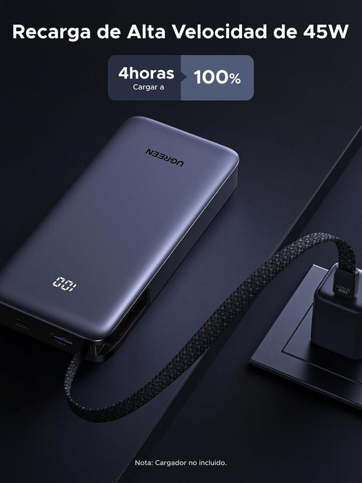 UGREEN NEXODE POWER BANK 20000MAH 45W WITH BUILT-IN CABLE, FAST CHARGING PORTABLE CHARGER FOR IPHONE 17 PRO/SAMSUNG S25 ULTRA/IPAD PRO, 3-PORT EXTERNAL BATTERY PACK WITH DIGITAL DISPLAY, TRAVEL READY 2 GRADO A