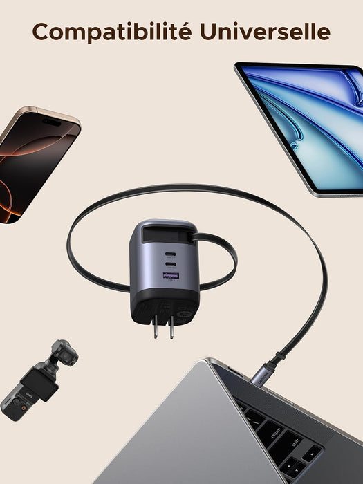 UGREEN NEXODE 100W GAN USB C RETRACTABLE CHARGER WITH BUILT-IN CABLE, 3-PORT FAST CHARGING WALL ADAPTER FOR LAPTOP, MACBOOK PRO/AIR, IPHONE 17/16, GALAXY S25, PIXEL, IPAD, MATEPAD, DJI DRONE GRADO A
