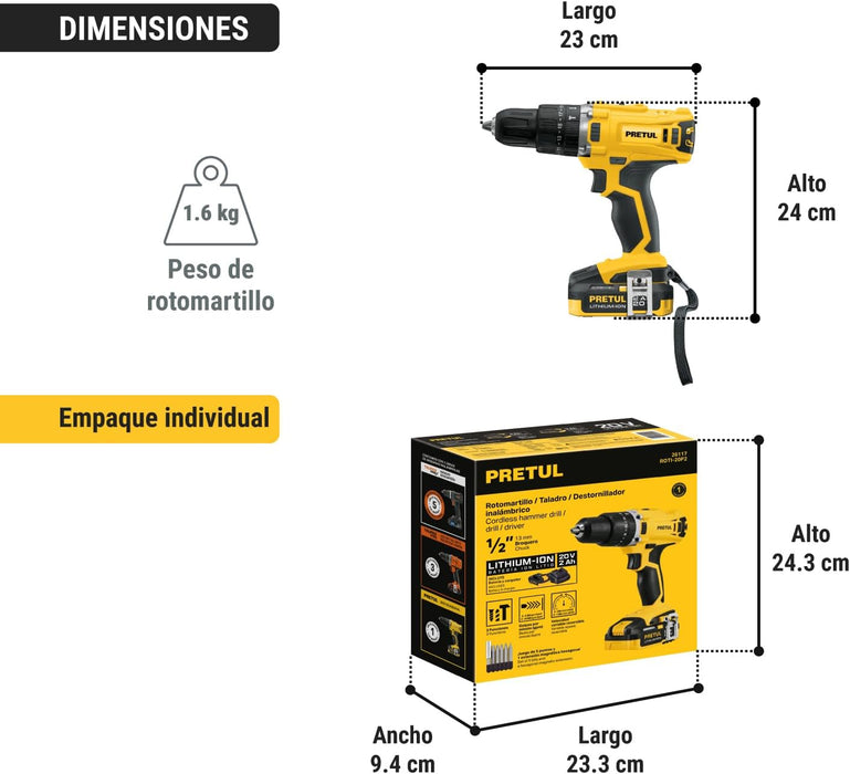 TALADRO ROTOMARTILLO INALAMBRICO, PRETUL ROTI-20P2, FRECUENCIA 60HZ, COLOR AMARILLO GRADO A