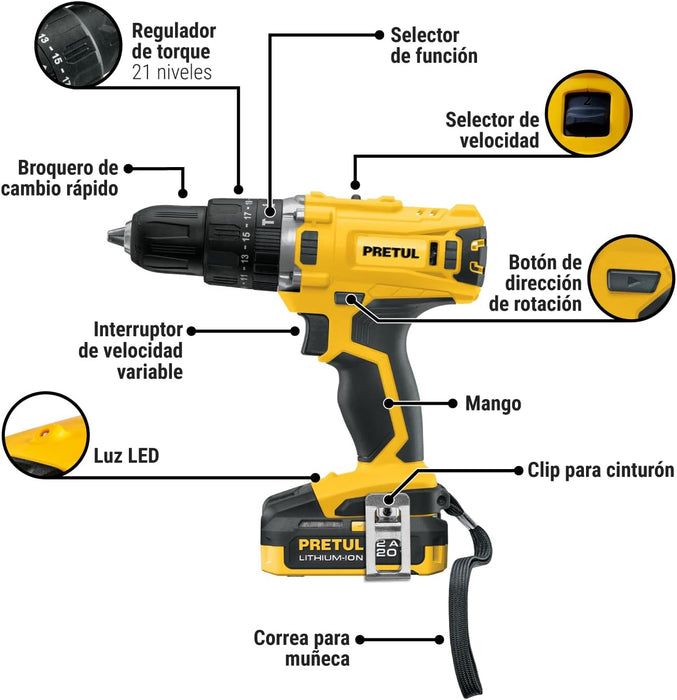 TALADRO ROTOMARTILLO INALAMBRICO, PRETUL ROTI-20P2, FRECUENCIA 60HZ, COLOR AMARILLO GRADO A