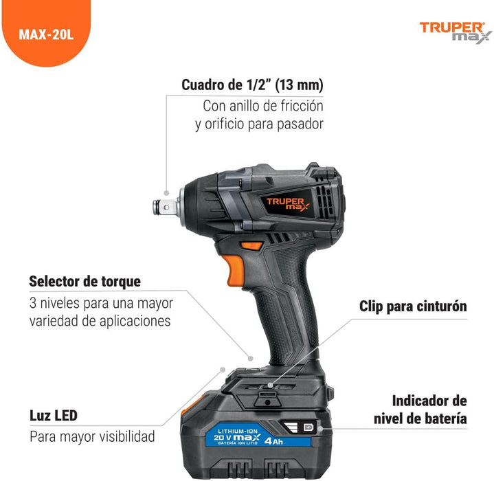 LLAVE DE IMPACTO 1/2'', , 1 BATERÍA 2AH, TRUPER MAX-20L GRADO A