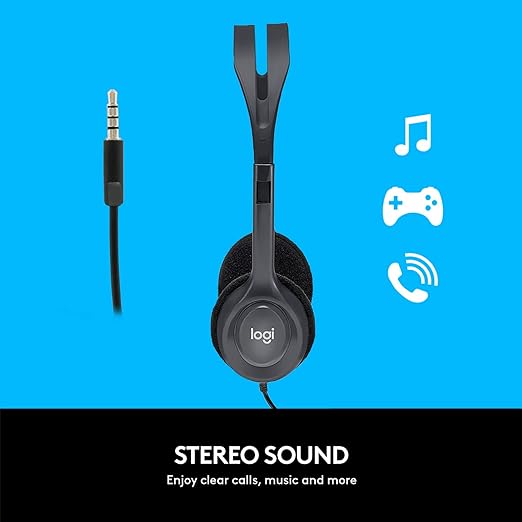 Logitech H111 Diadema con Cable, Sonido Estéreo con Micrófono Giratorio, Jack 3,5mm, PC/Mac/Portátil/Smartphone/Tablet - Negro GRADO B