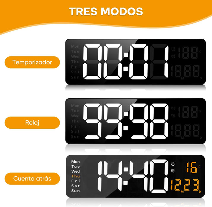 RELOJ DE PARED LED CON CONTROL REMOTO DE 16 Y FECHA ESTRUCTURA TEMPERATURA NARANJA FONDO NEGRO UNIVERSAL GRADO A