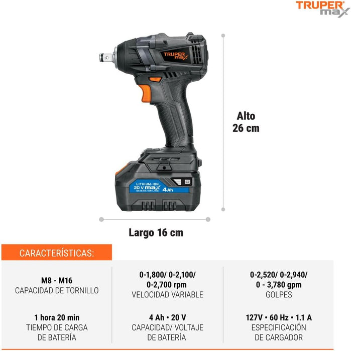 LLAVE DE IMPACTO 1/2'', , 1 BATERÍA 2AH, TRUPER MAX-20L GRADO A