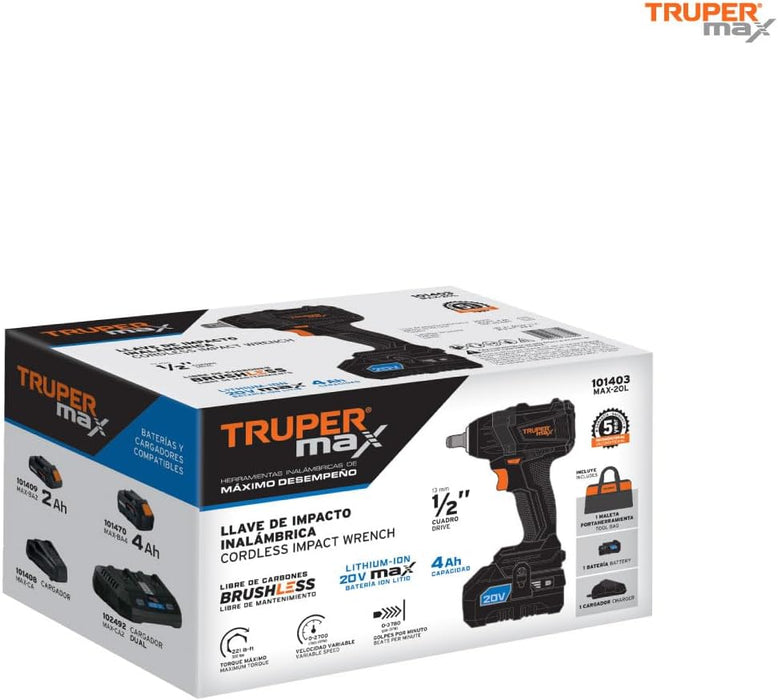 LLAVE DE IMPACTO 1/2'', , 1 BATERÍA 2AH, TRUPER MAX-20L GRADO A