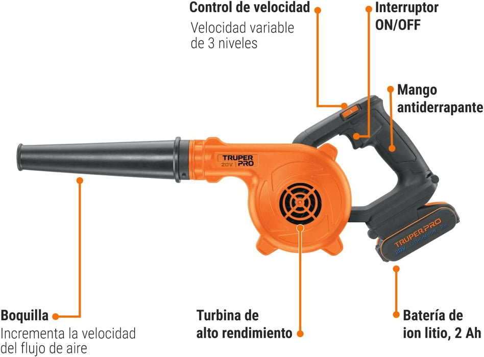 SOPLADORA INALAMBRICA 20V, 72 CFM, 13000 RPM TRUPER SOPI-20A COLOR NARANJA  GRADO A