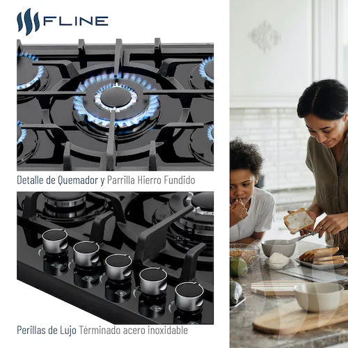 Parrilla Empotrable a Gas FLINE Oporto 5A | 76 cm de Elegancia y Potencia en Negro GRADO B