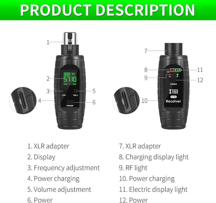 XTUGA UHF Sistema de Microfono Inalambrico XLR Transmisor y Receptor Grado A