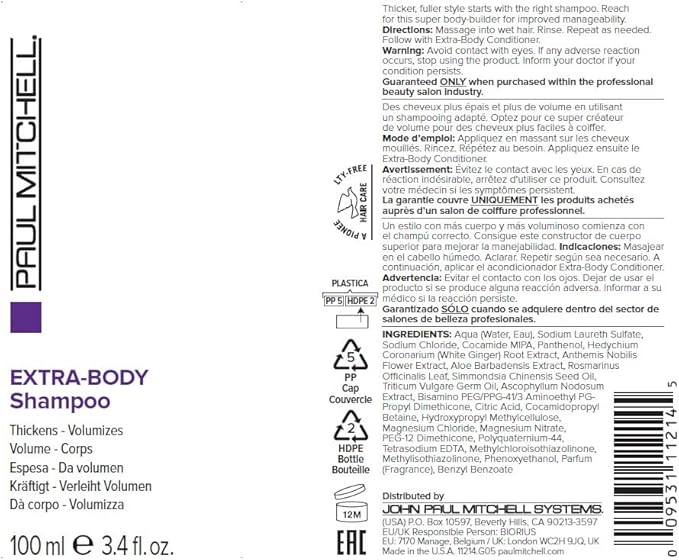 Paul Mitchell Champú extra corporal, espesa y da volumen, para cabello fino, 100 ml GRADO B