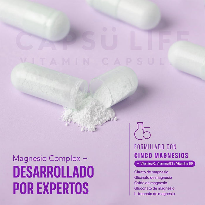 Capsu Life by Gummy Life - Magnesio Complex + - CON 5 MAGNESIOS: L-Treonato, Citrato, Glicinato, Gluconato y Óxido de Magensio - 1000mg Por Capsula - 398mg de Magnesio Elemental por porción
