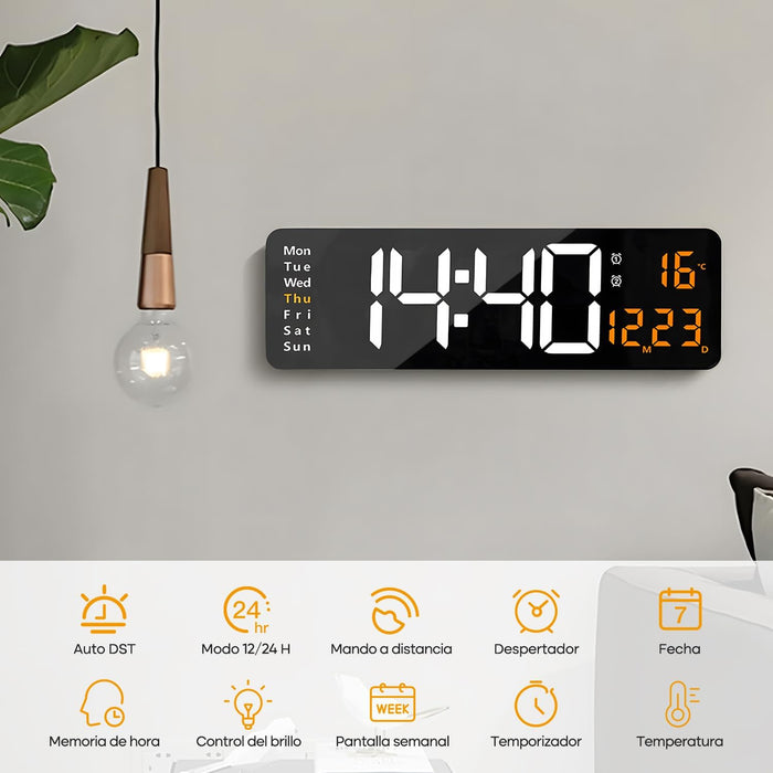 RELOJ DE PARED LED CON CONTROL REMOTO DE 16 Y FECHA ESTRUCTURA TEMPERATURA NARANJA FONDO NEGRO UNIVERSAL GRADO A