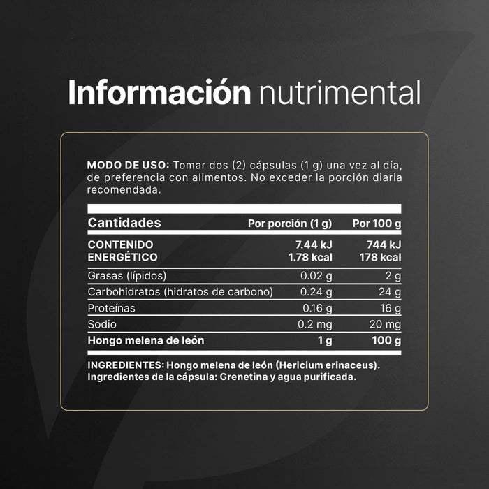 Hongo melena de león puro 90 capsulas 1000mg por porción. Ingredientes naturales