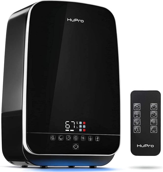 HuPro Humidificador de Niebla Tibia y Fría de 5.5 L para Dormitorio – Llenado Superior Ultrasónico, Silencioso ≥30 dB, Control Remoto, 24–40 H de Funcionamiento, Humidistato, Aceite Esencial, Apagado Automático, Bebé GRADO A