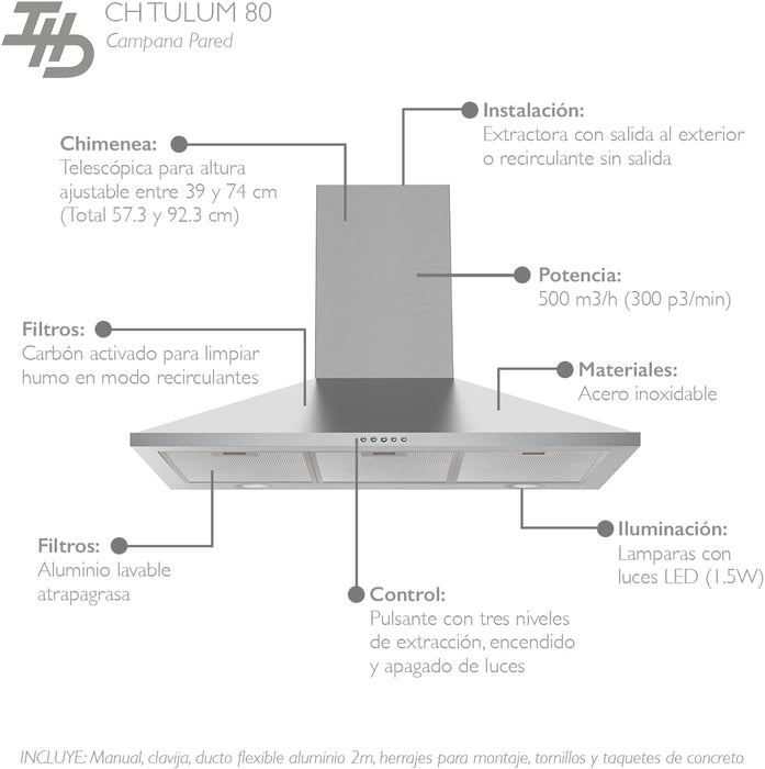 CAMPANA EXTRACTORA PURIFICADORA DE COCINA IHD TULUM AC. INOX GRADO B