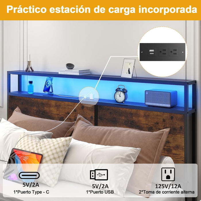 MARCO DE CAMA CON 4 CAJONES, BASE CAMA MATRIMONIAL CABECERA CON LUCES LED, BASE DE CAMA CON CABECERA ESTACIÓN DE CARGA USB Y ESPACIO DE ALMACENAMIENTO, CAMA MATRIMONIAL MARCO DE CAMA FÁCIL MONTAJE             GRADO B