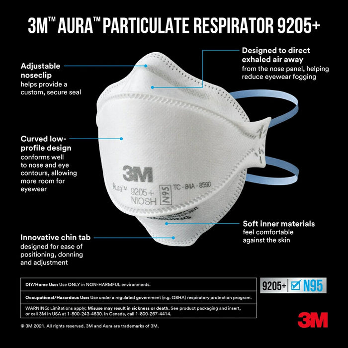 3M Aura 9205+, N95, paquete de 20 respiradores desechables, envueltos individualmente, diseño de 3 paneles de plegado plano que permite movimientos faciales, cómodo, aprobado por NIOSH GRADO B