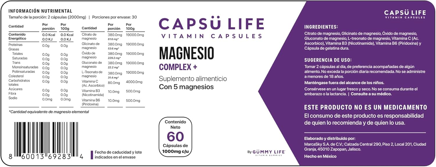 Capsu Life by Gummy Life - Magnesio Complex + - CON 5 MAGNESIOS: L-Treonato, Citrato, Glicinato, Gluconato y Óxido de Magensio - 1000mg Por Capsula - 398mg de Magnesio Elemental por porción