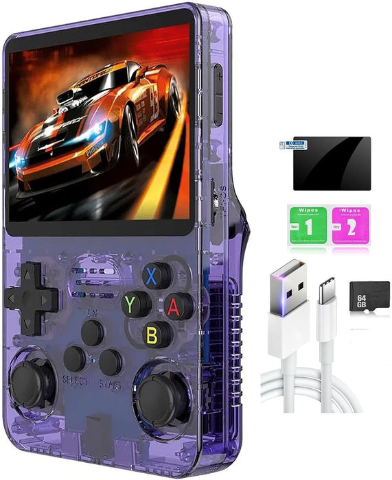 CONSOLA DE JUEGOS RETRO R36S CON PANTALLA PORTÁTIL, 64G MORADO TRANSPARENTE GRADO B