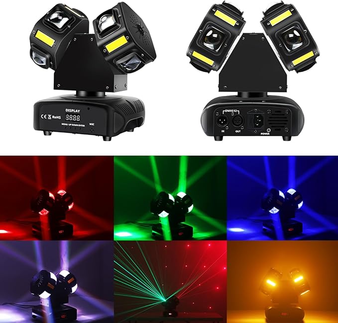 Luz de DJ de cabeza móvil, mini cabezas dobles, haz de 10 LED RGBW, 10 luces LED estroboscópicas doradas activadas por sonido DMX 512 luces de escenario para DJ KTV discoteca, negro Grado B