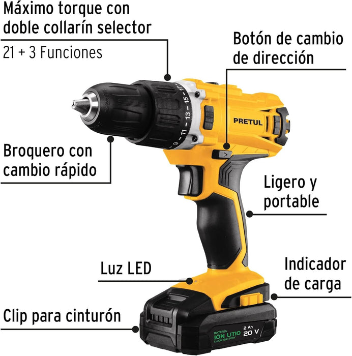 TALADRO/DESTORNILLADOR INALÃ¡MBRICO 1/2  20 V TALI-20P2 PRETUL AMARILLO 60 GRADO A