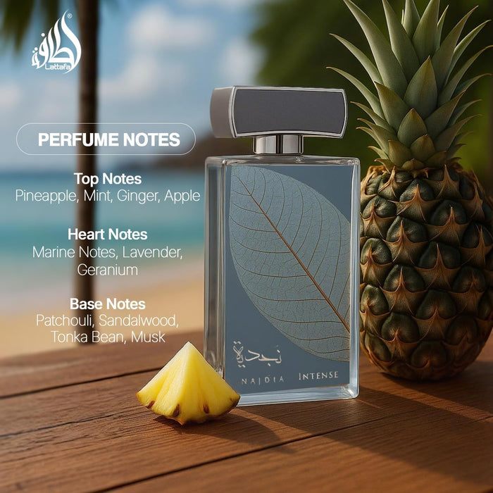 LATTAFA NAJDIA INTENSE – FRESH, MARINE, WOODY – EAU DE PARFUM SPRAY LONG-LASTING FRAGRANCE FOR MEN, 3.4 OUNCE / 100 ML GRADO B