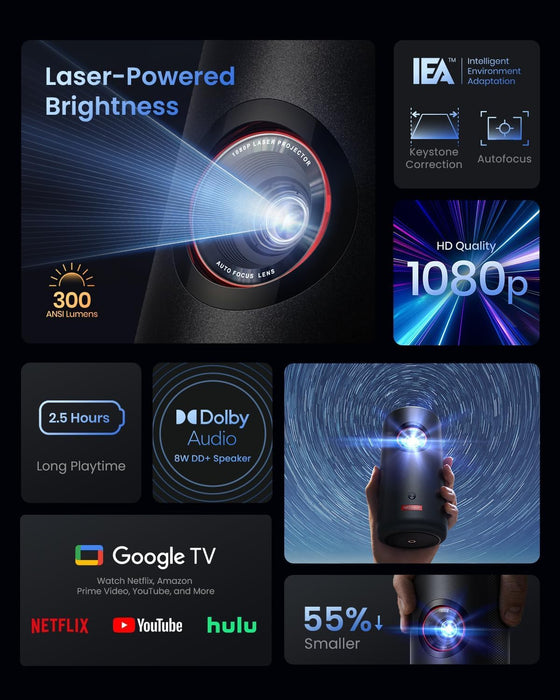 Soundcore Nebula Capsule 3 Proyector Portátil | Laser 1080p Proyector Portátil, Smart, Wi‑Fi, Mini Proyector, Dolby, Enfoque Auto, Imagen de 120", 2h30 de Reproducción